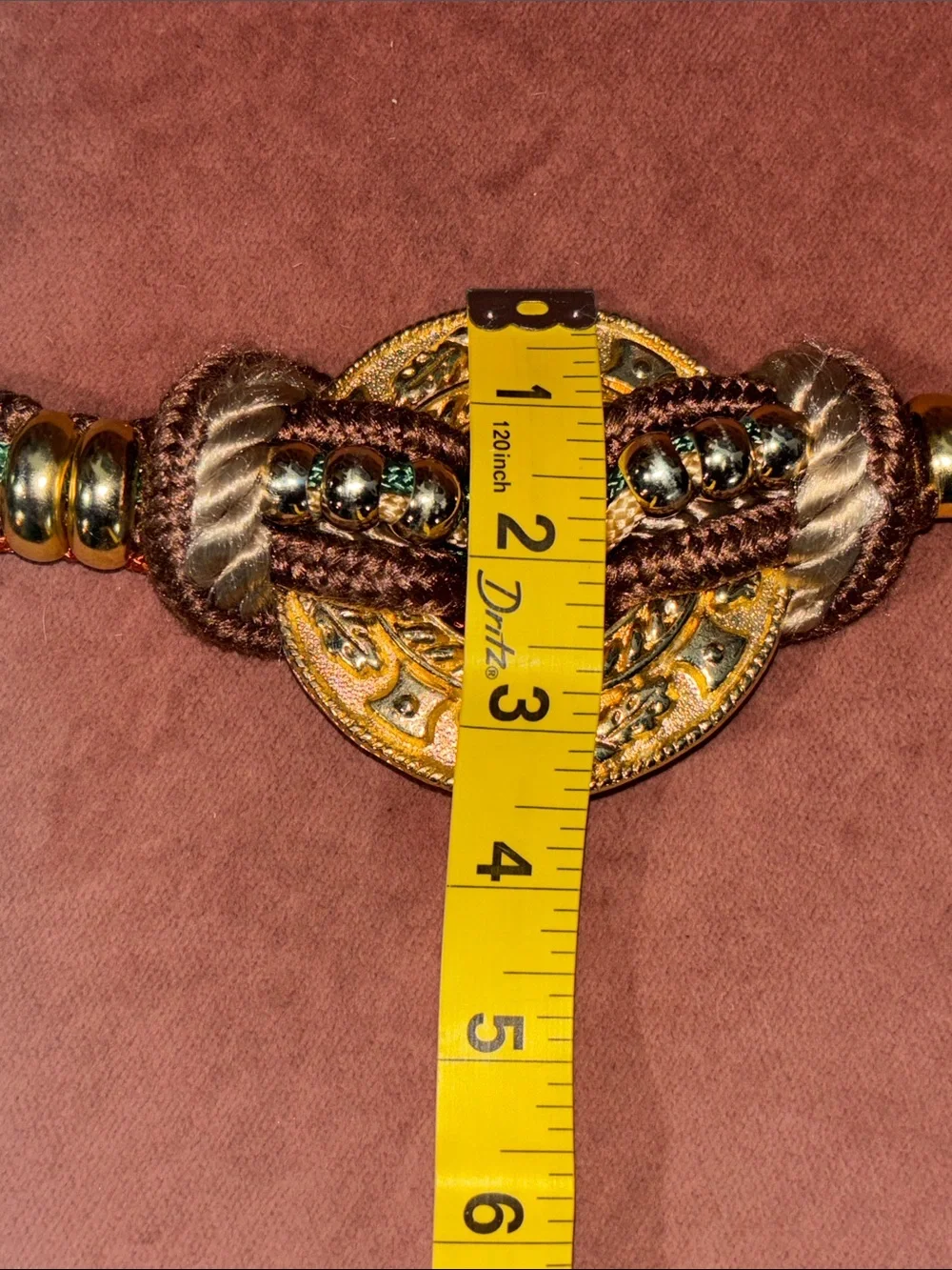 Vintage gold tone medallion belt neutral color rope beaded stretch belt small